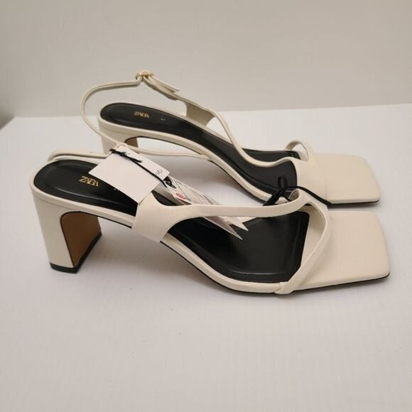 ZARA LEATHER SANDALS WITH BLOCK HEEL White SIZE 10| 1335/110/001 - Picture 4 of 10